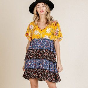 Umgee Golden Floral Mix Layered Ruffle Hem Dress